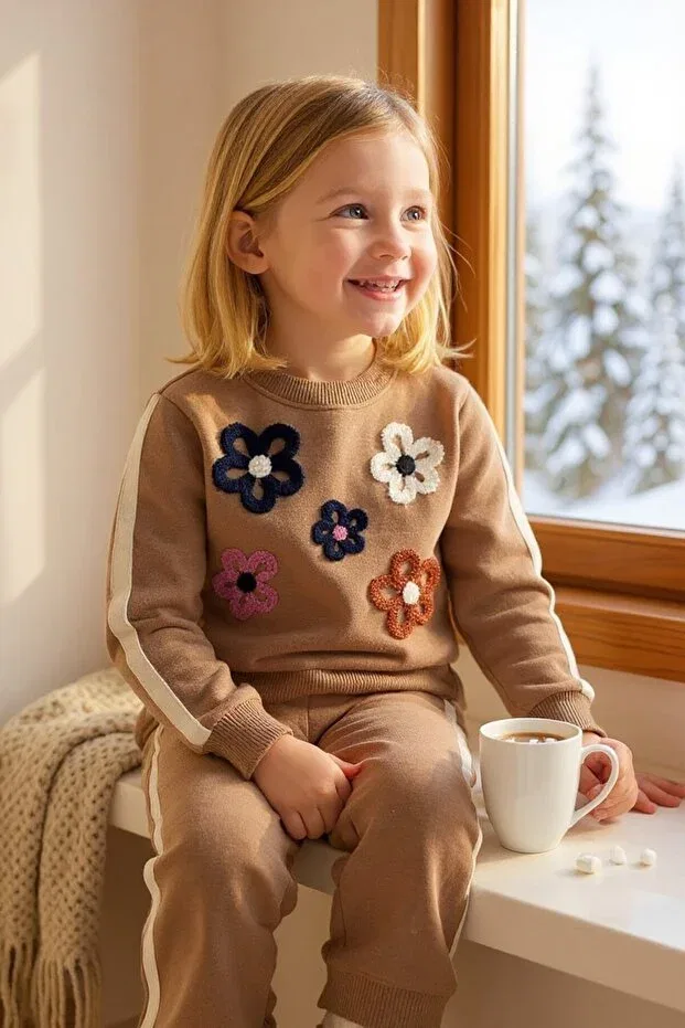 Детский комплект из свитшота и брюк с принтом Floral winter girls' spanish flared pants set Seabubbles, Brown — фото 2