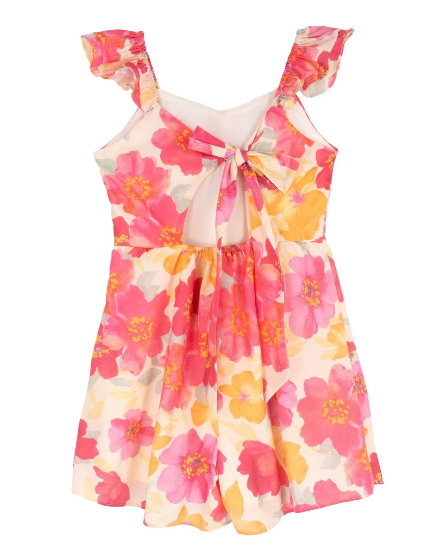 Платье с цветочным принтом, без рукавов, модель Printed Floral Ruched Bust Flutter Strap Tie Back Rare Editions, Orange — фото 4