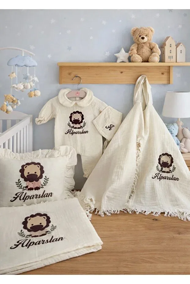 Детский комплект из муслина с принтом Lion Embroidered Muslin Set Ela Baby, Ecru