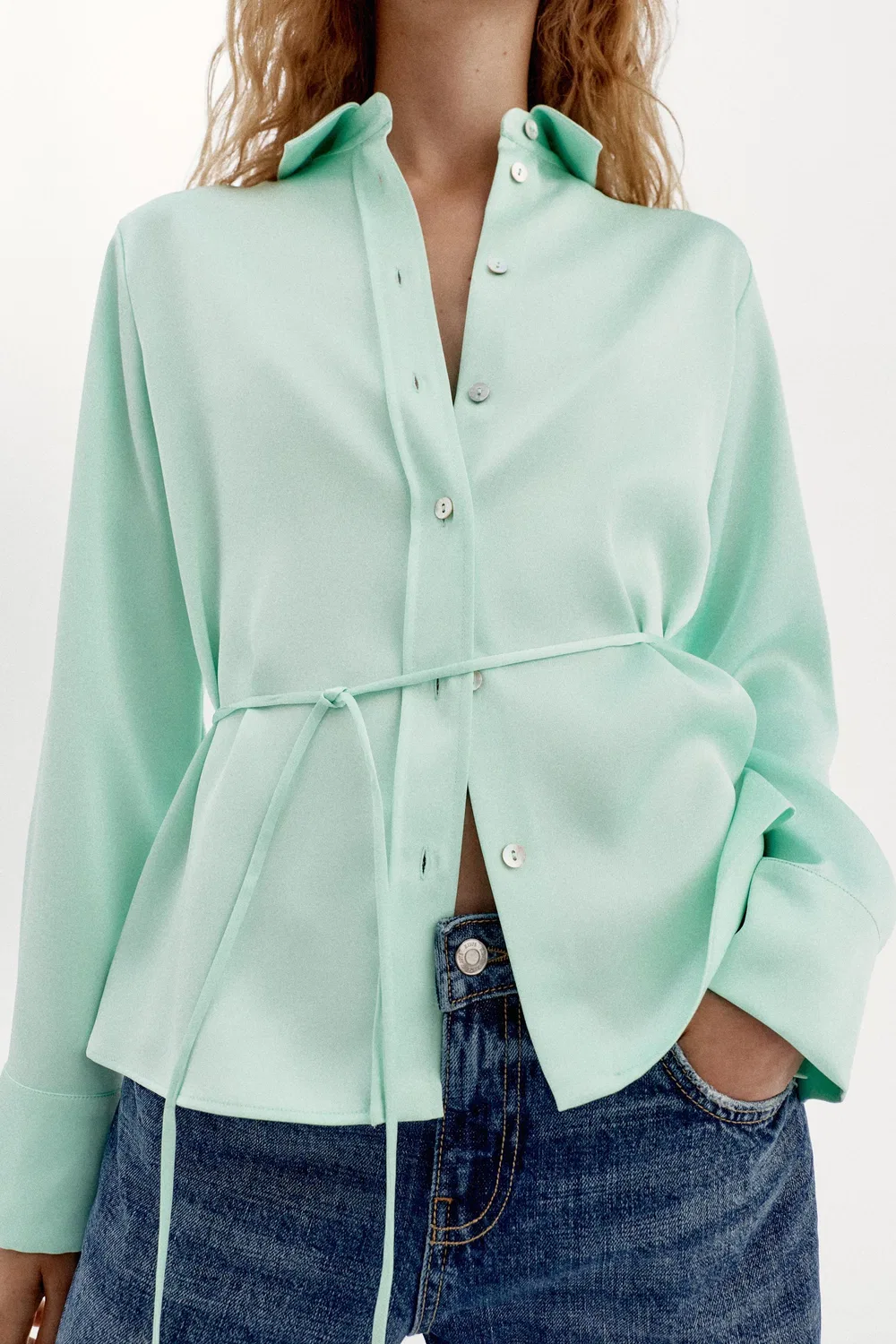 Атласная рубашка с завязками на спине ZARA, Mint — фото 4