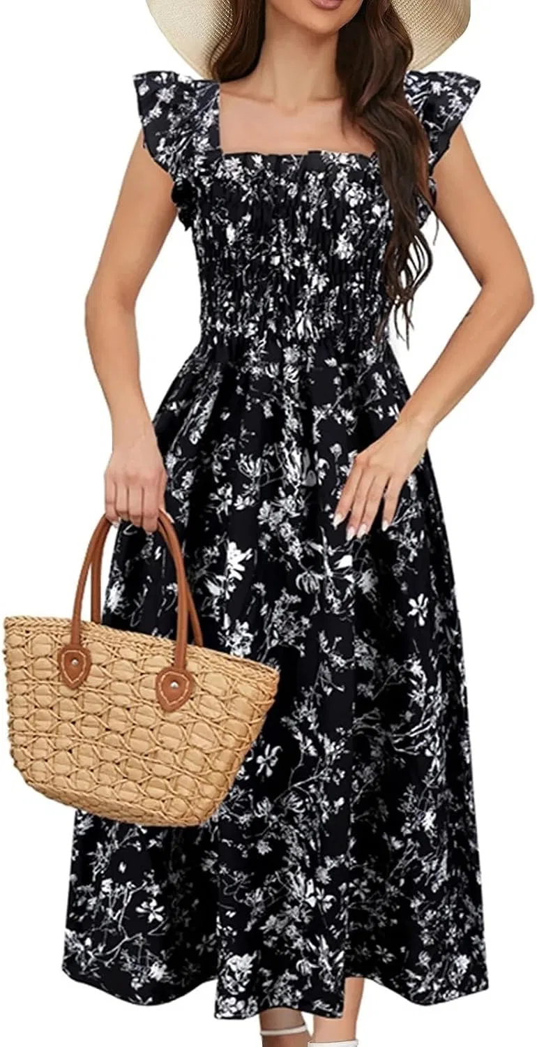 Женское летнее платье с цветочным принтом Square Neck Sundress, Black