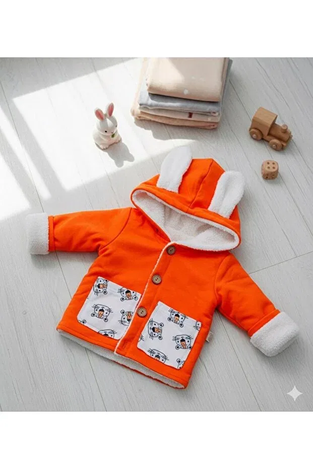 Детское зимнее пальто для девочек с капюшоном Rabbit Ear Plush Lined Winter Baby Coat Baby Pattini, Orange