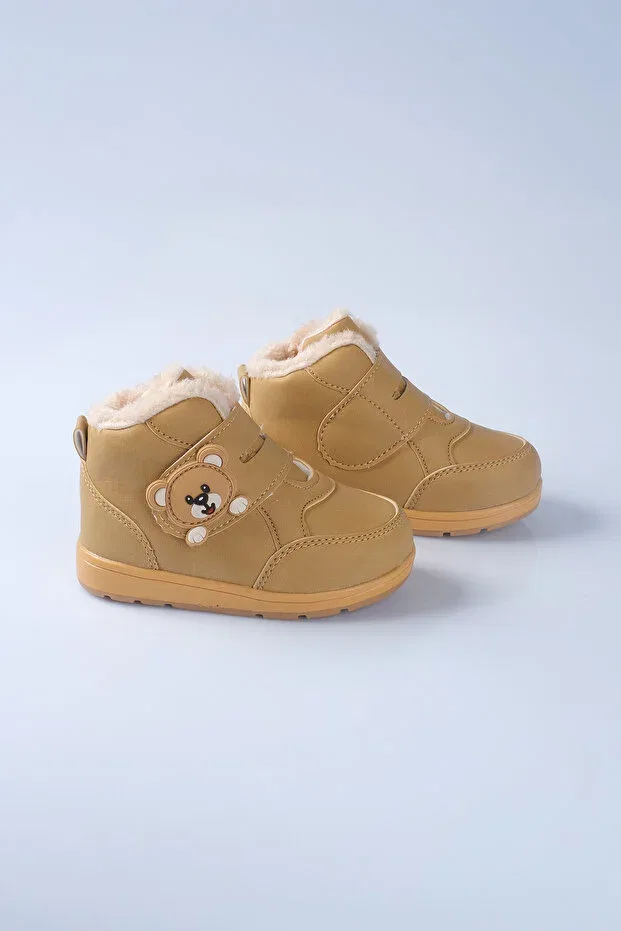 Детские ботинки для девочек с мехом Teddy bear detailed furry unisex children's baby boots cat Bebek Sepeti, Желтый — фото 2