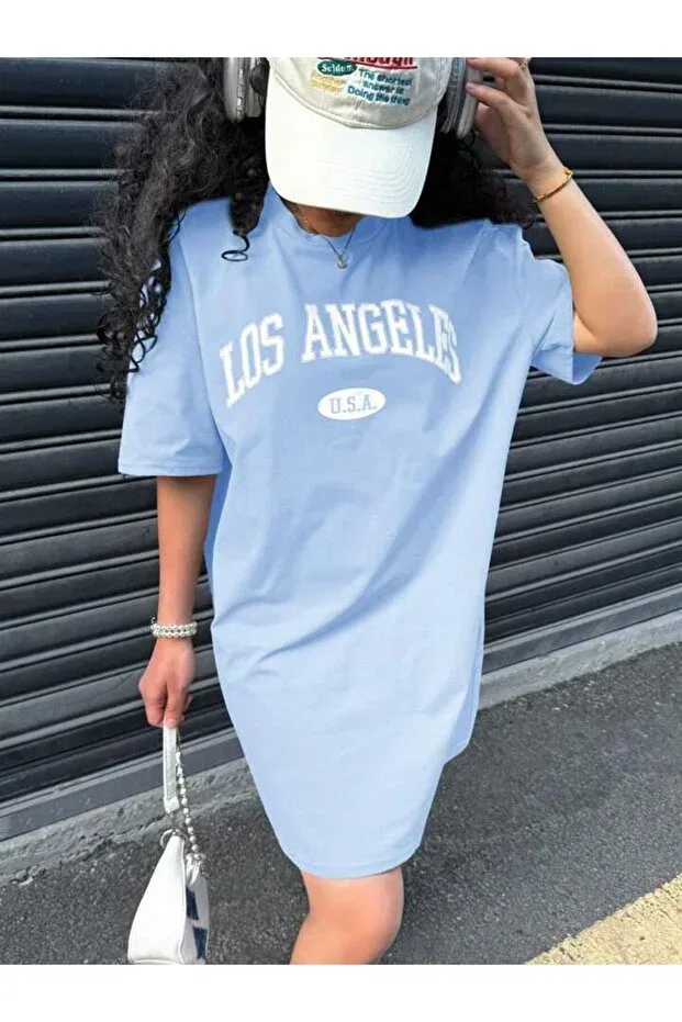 Детское платье-футболка для девочек с принтом Girl'S Baby Blue Los Angeles Printed T-Shirt-Dress Morning Kids, Bebeblue