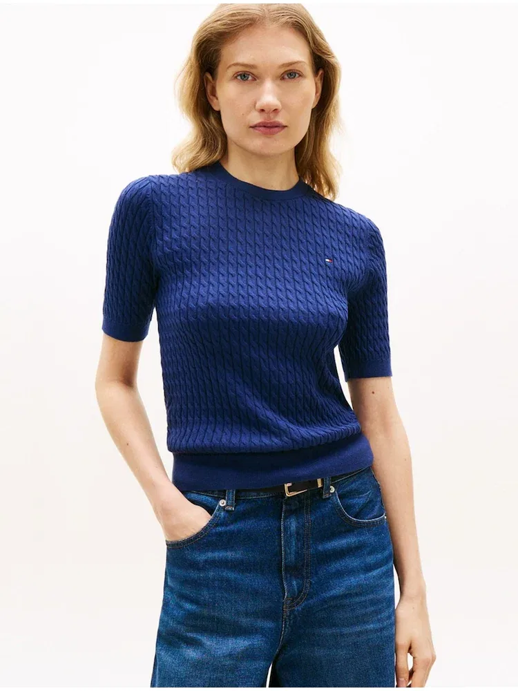 Свитер хлопковый кабельный кружевной TOMMY HILFIGER, Navy