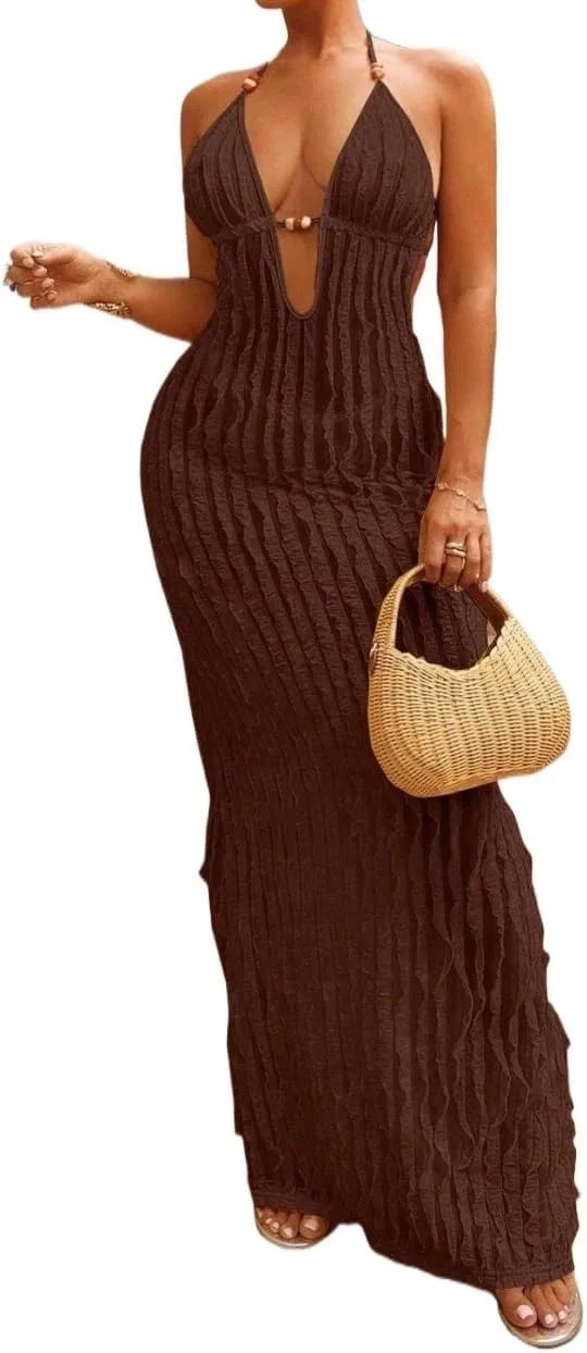 Женское коктейльное платье с вырезами Halter, Brown