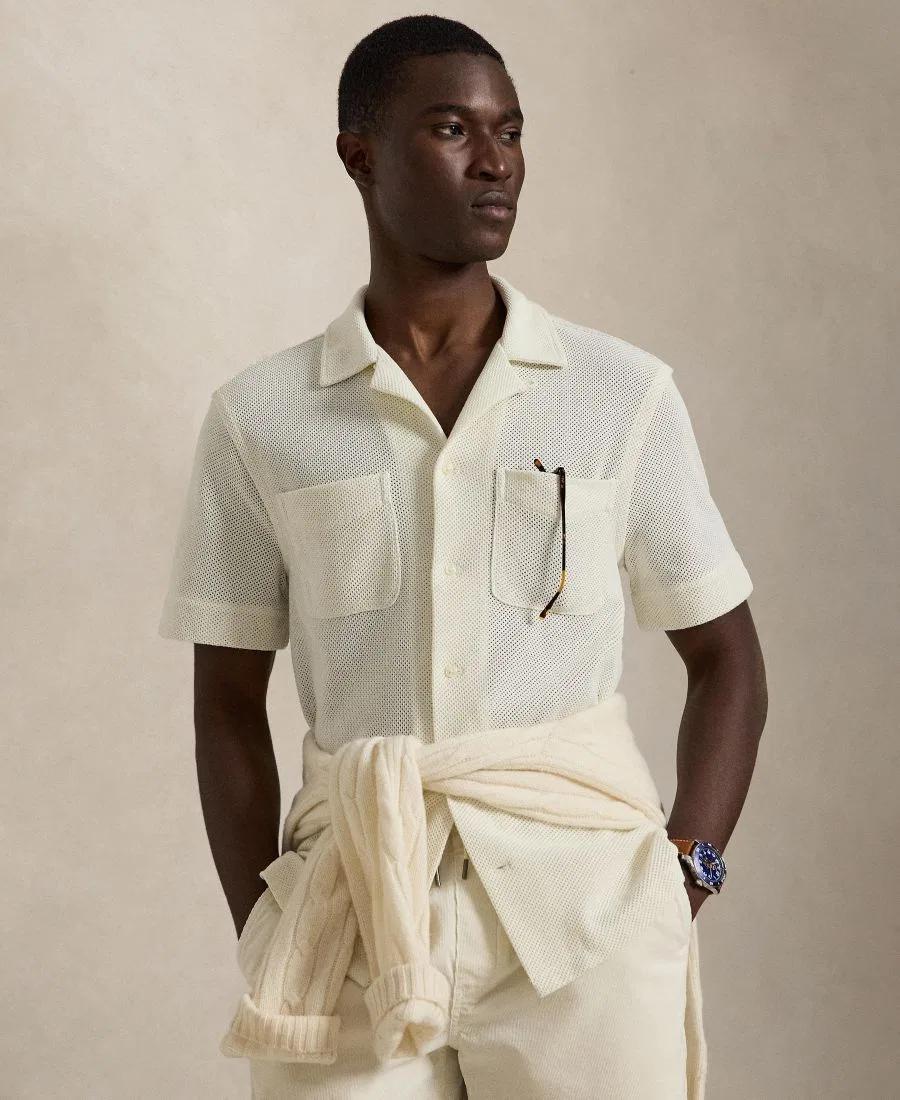 Рубашка с коротким рукавом из фактурного пике с вышивкой Pony Polo Ralph Lauren, Pale Cream
