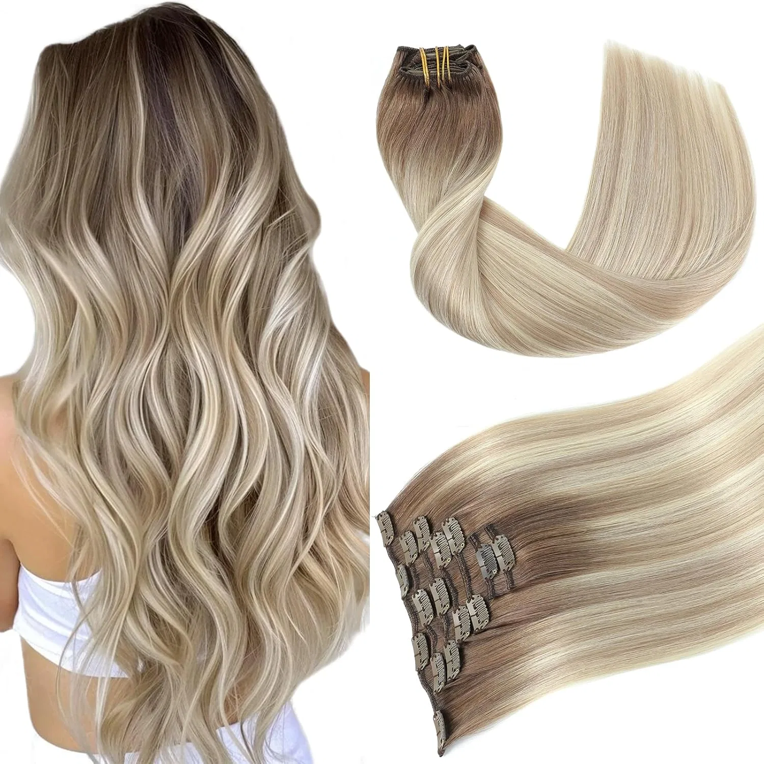 Наращивание волос на заколках «Clip-In Remy Hair» от Youngsmile Youngsmile, #8/60/18 Balayage Dark Ash Blonde Ombre Platinum Blonde
