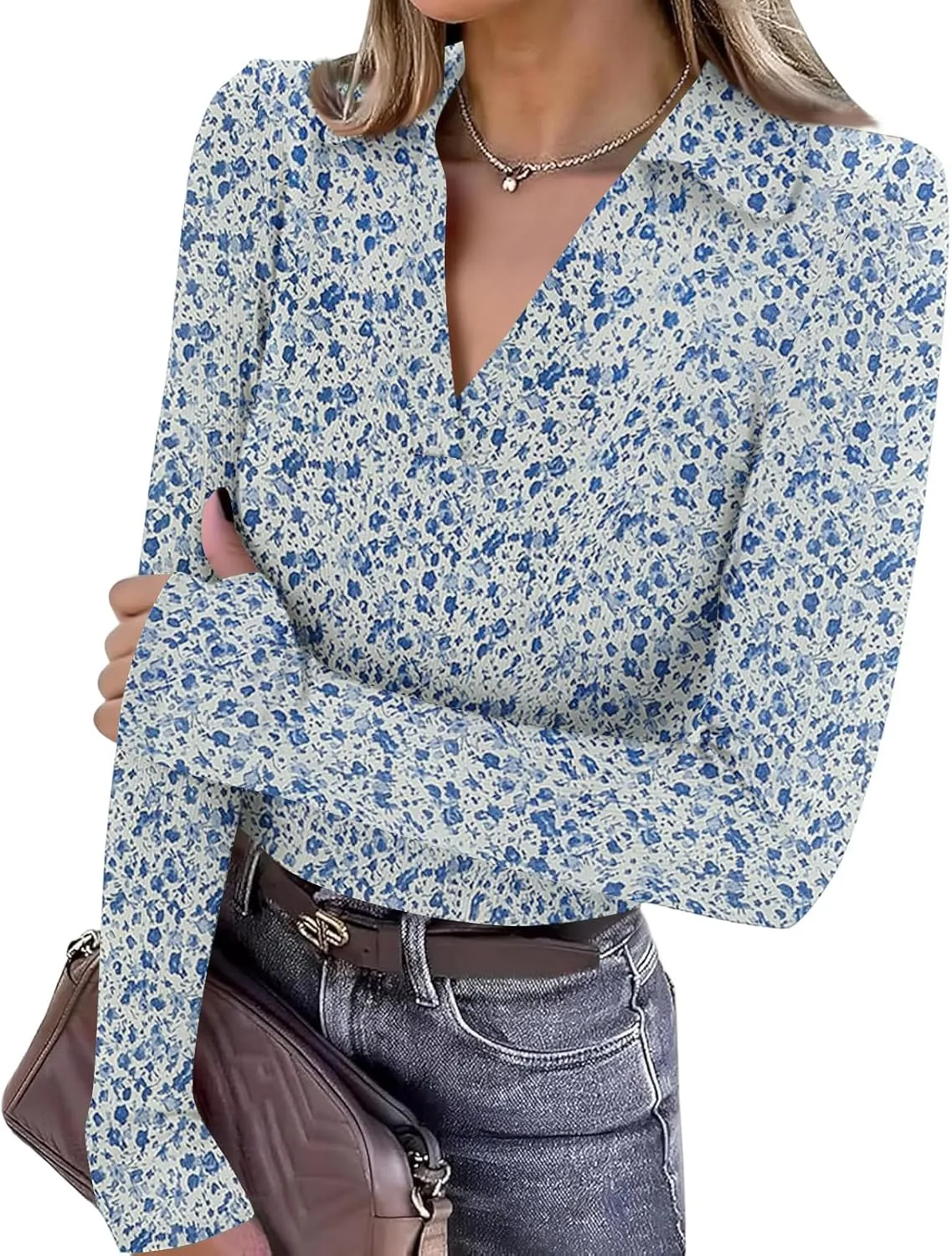 

Женский топ с длинными рукавами и V-образным вырезом, свободный фасон, цветочный принт