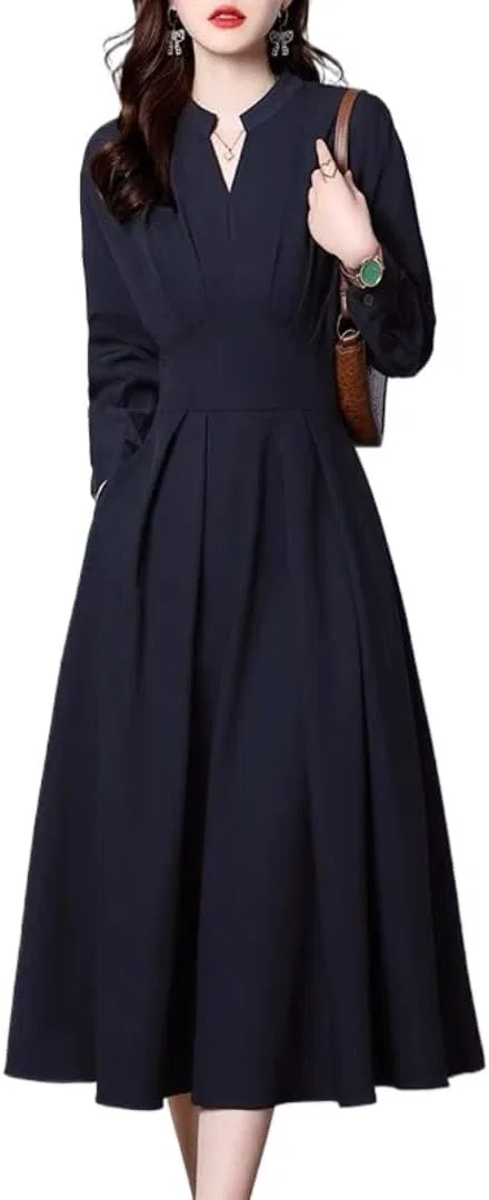 Женское платье миди с V-образным вырезом A-LINE, Navy Blue