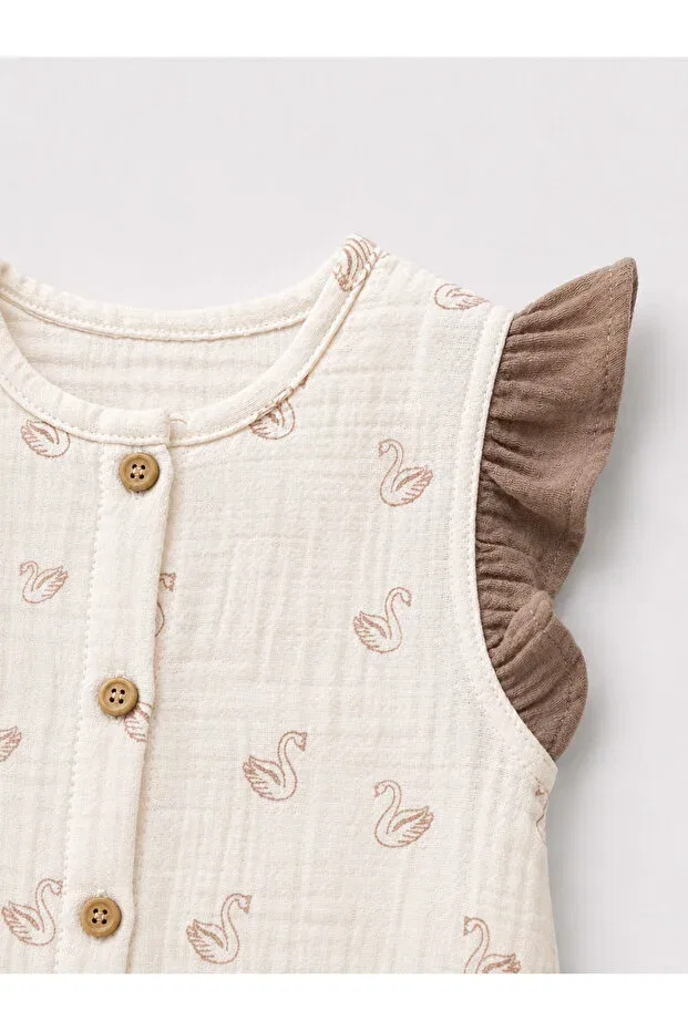 Детский комбинезон для девочек с принтом Swan Patterned Sleeves Embroidered Jumpsuit Hat Tifina Kids, Brown — фото 2