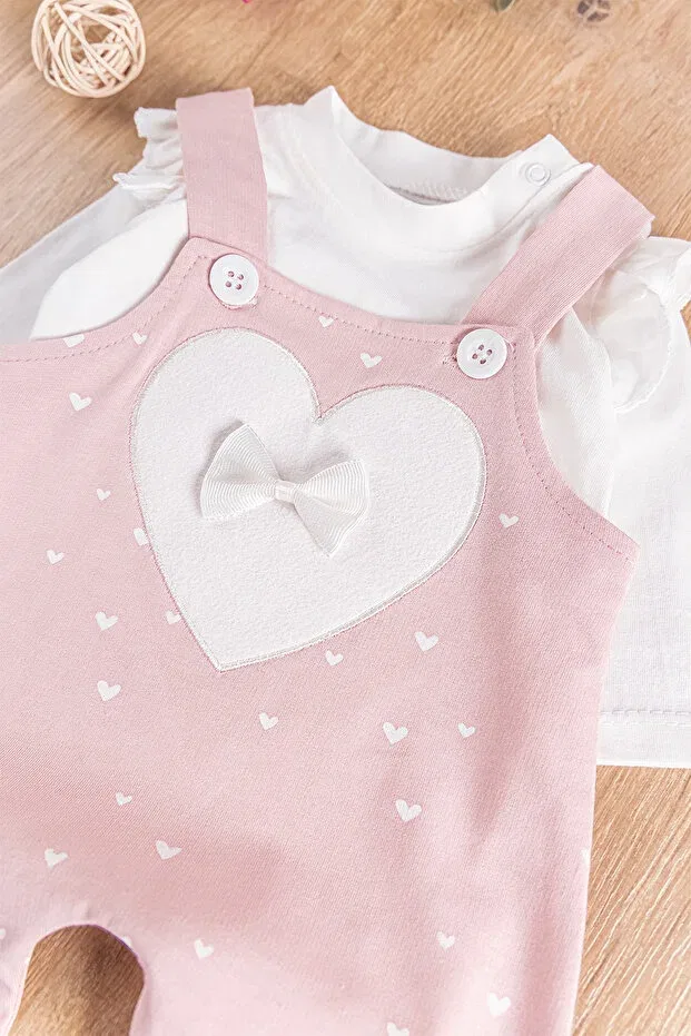 Детский комбинезон для девочек хлопковый с принтом Heart Patterned Bow Babymod, Powder — фото 4