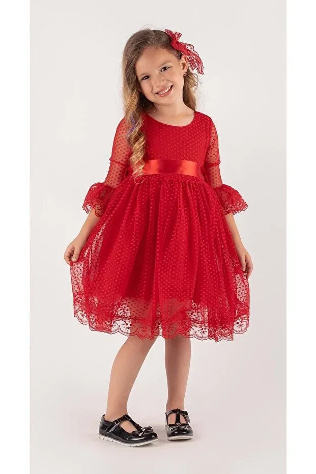 Детское платье для девочек с принтом Double Hat Bow Polka Dot Period Dress Mnk, Red — фото 4