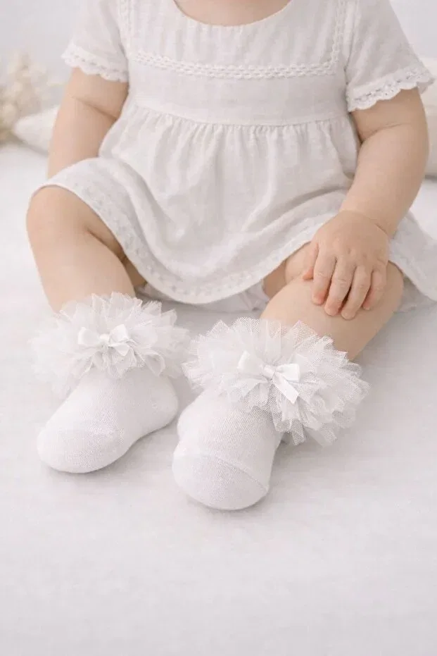 Детские носки хлопковые, набор 2 шт, Tulle pack socks for baby girls - children's socks 0-24 months Miniminiksdesing, Ecru