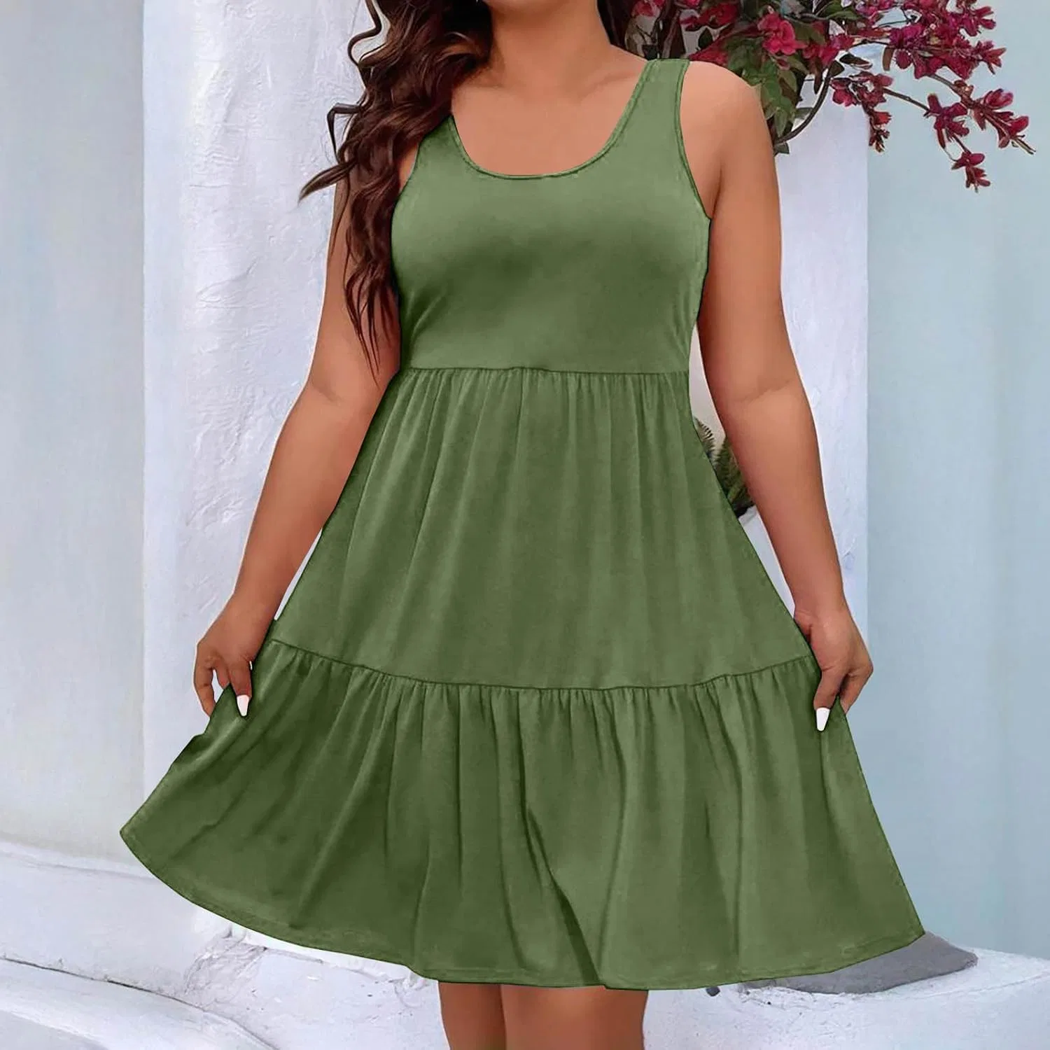 Женское летнее платье миди с воланами Plus Size, Army Green — фото 2