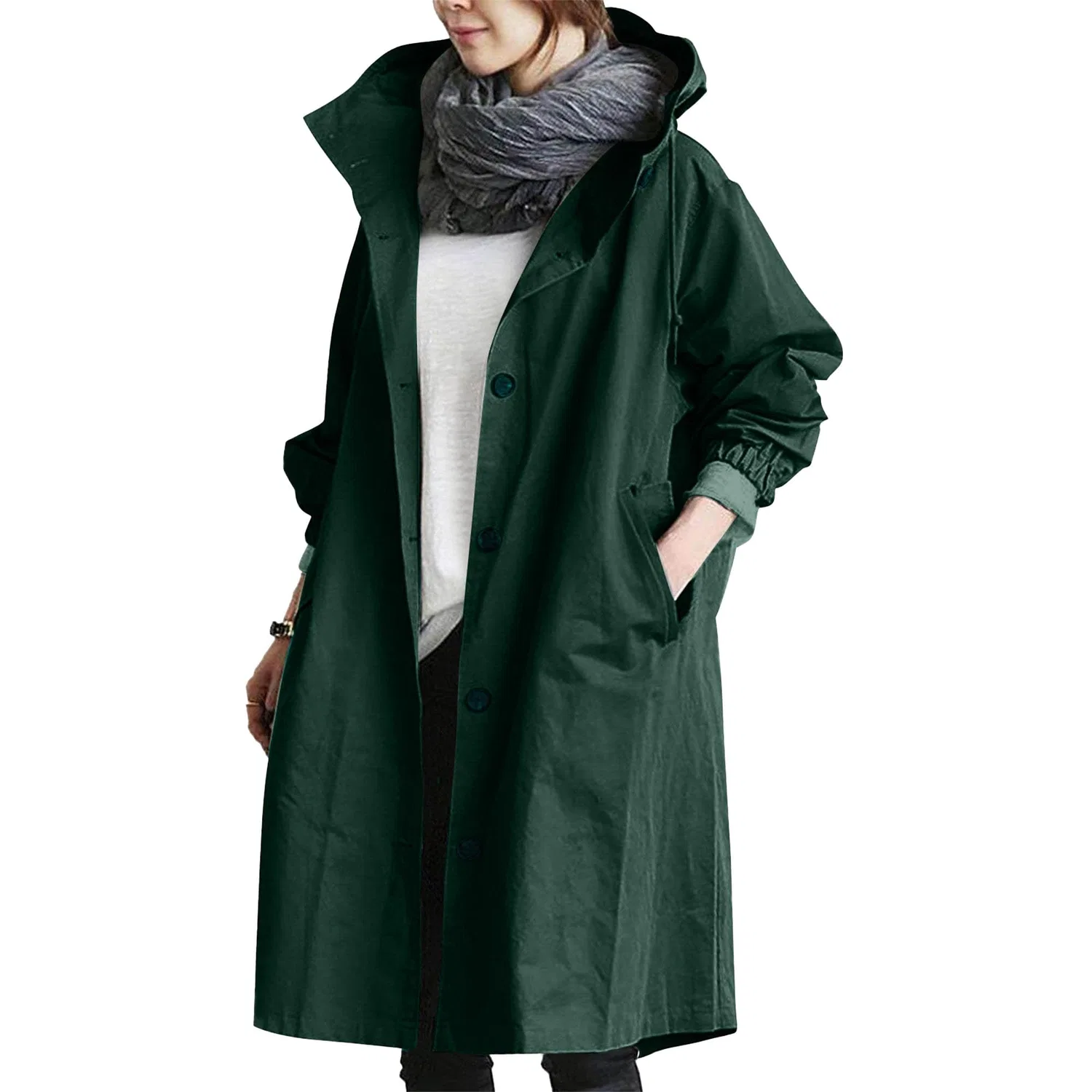 Женское пальто-тренч с капюшоном, однобортное, с длинным рукавом, Verde