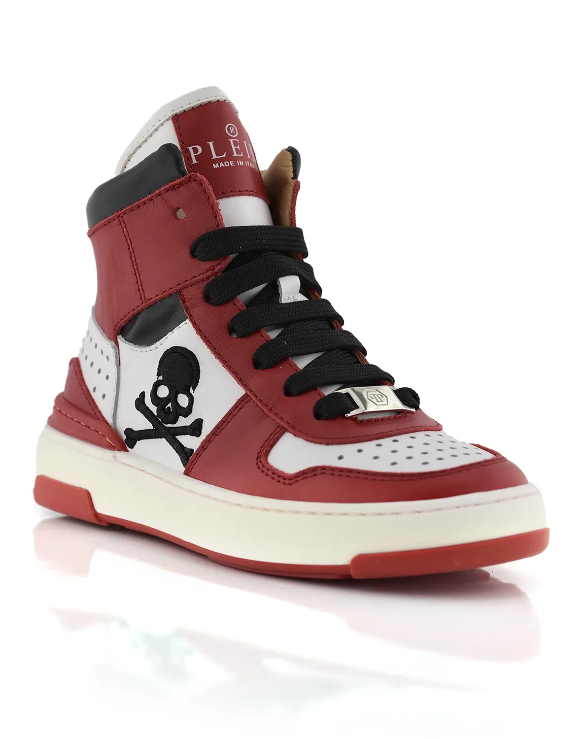 Детские кроссовки высокие с принтом-черепом и шнуровкой PHILIPP PLEIN, Red/White
