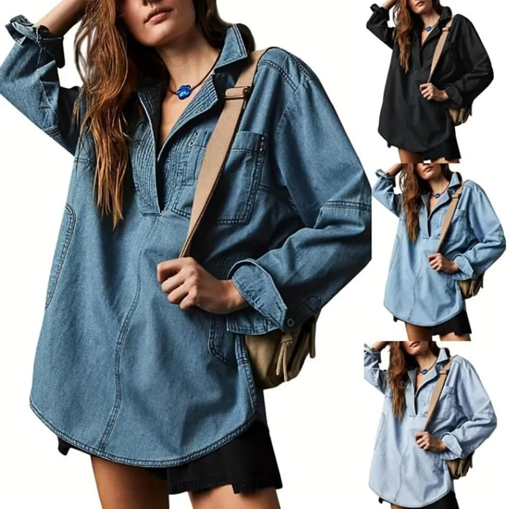 Женская джинсовая куртка свободного кроя Donna Button V Neck Blouseloose Fit, Verde — фото 2