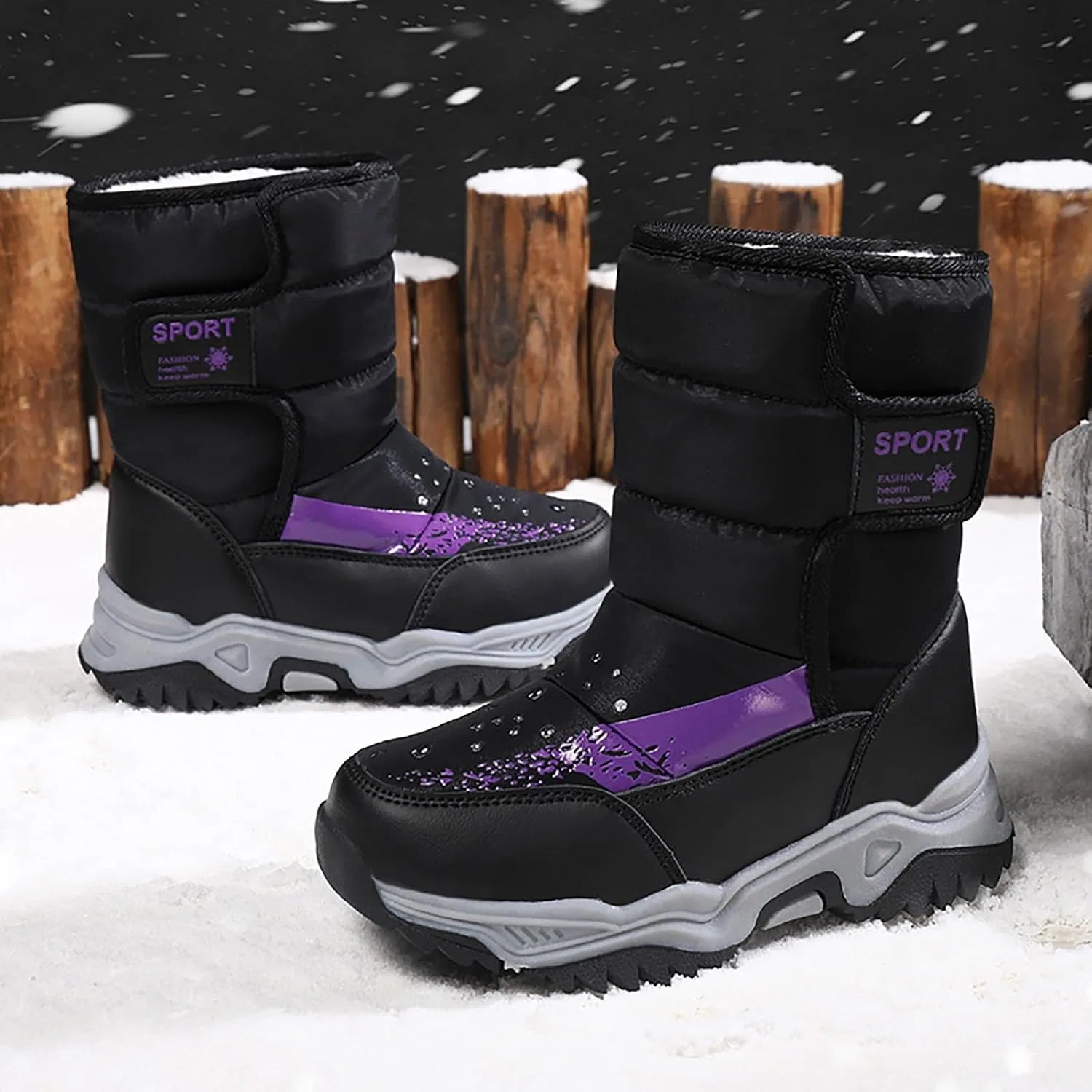 Детские зимние ботинки для девочек и мальчиков с принтом, модель Girls Boys Snow Boots, Black — фото 4