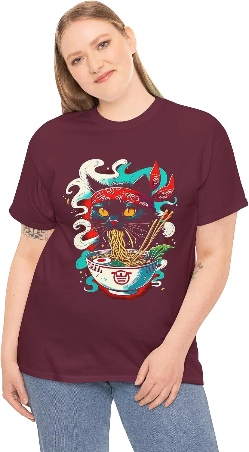 Женская футболка с принтом Ramen Cat, бордовый — фото 2