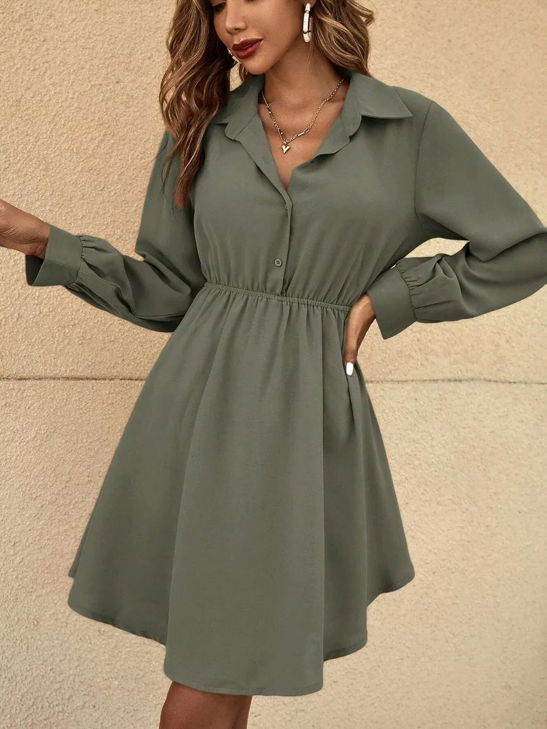 Женское короткое платье-рубашка повседневное с высокой талией, Army Green — фото 3