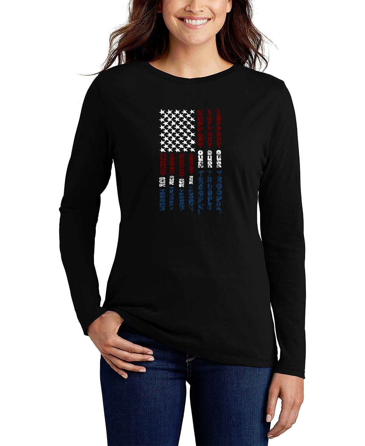

Женская футболка с длинным рукавом с надписью support our troops LA Pop Art, черный