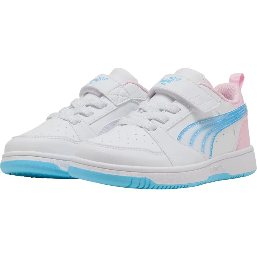 Детские спортивные кроссовки Puma Rebound V6 Lojelly Heaven Ac Ps, Бело-розово-синий — фото 2