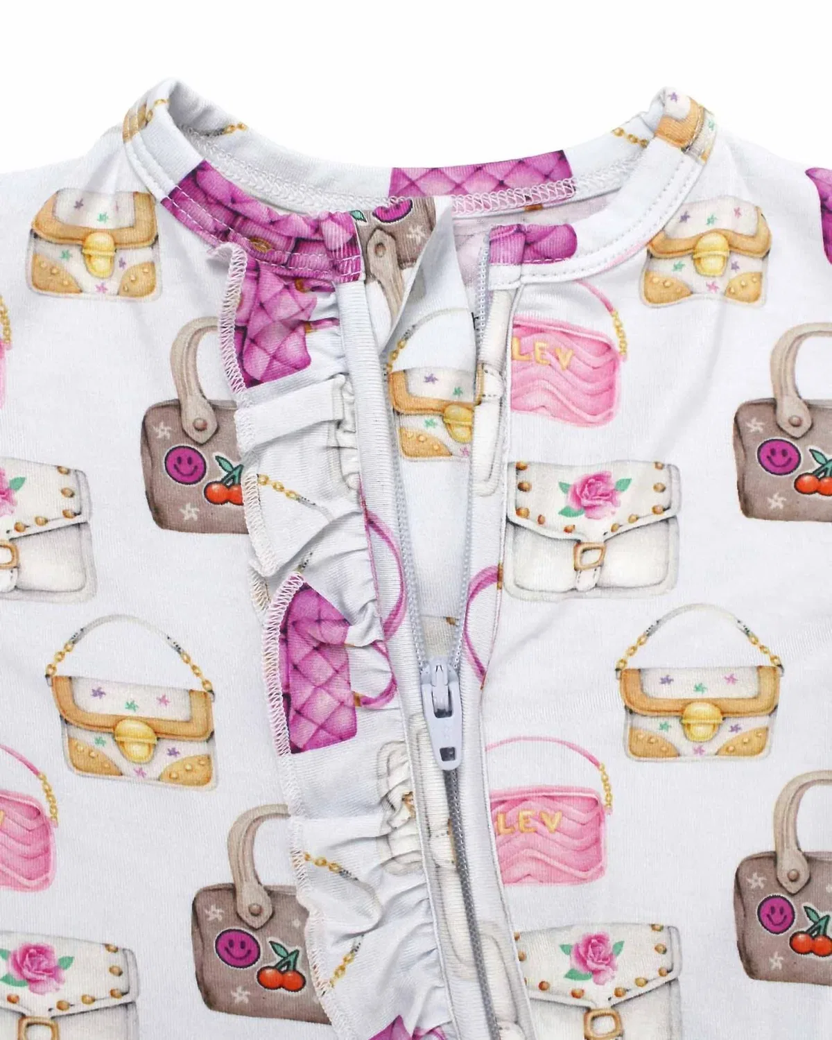 Детский боди-комбинезон с закрытыми ножками и оборками Jules Ruffled Zippered Footies Lev Baby, Pinks Purples And Golds — фото 4