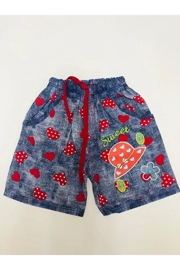 Детские шорты для девочек с принтом Summer jeans patterned heart girl shorts Baby Slon Kids Clup, Red