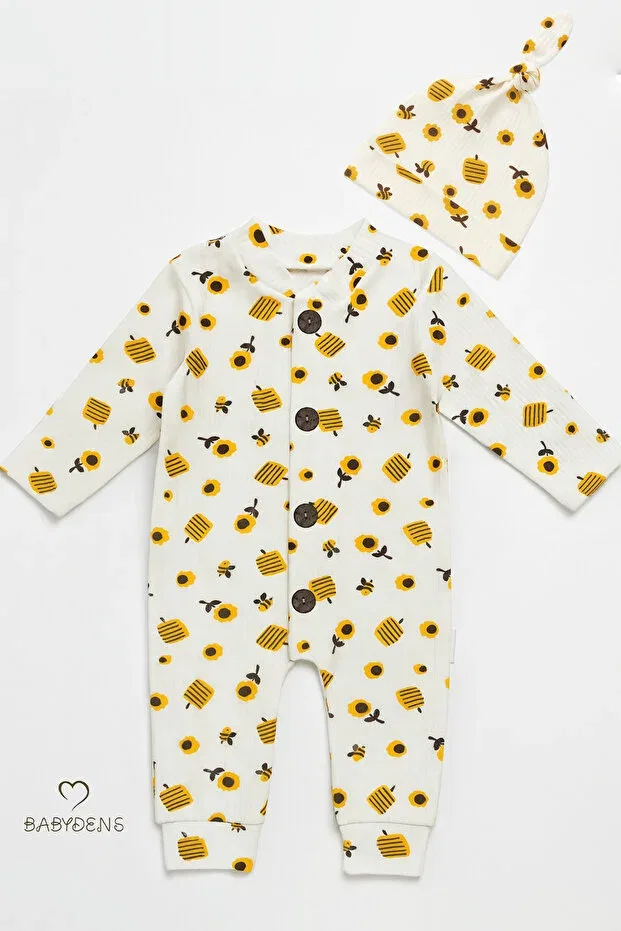 Детский комбинезон для новорожденных с принтом Bee & Sunflower Pattern Buttoned Hat Ribbed Ribbed Baby Romper Babyden'S, Ecru-Yellow — фото 3