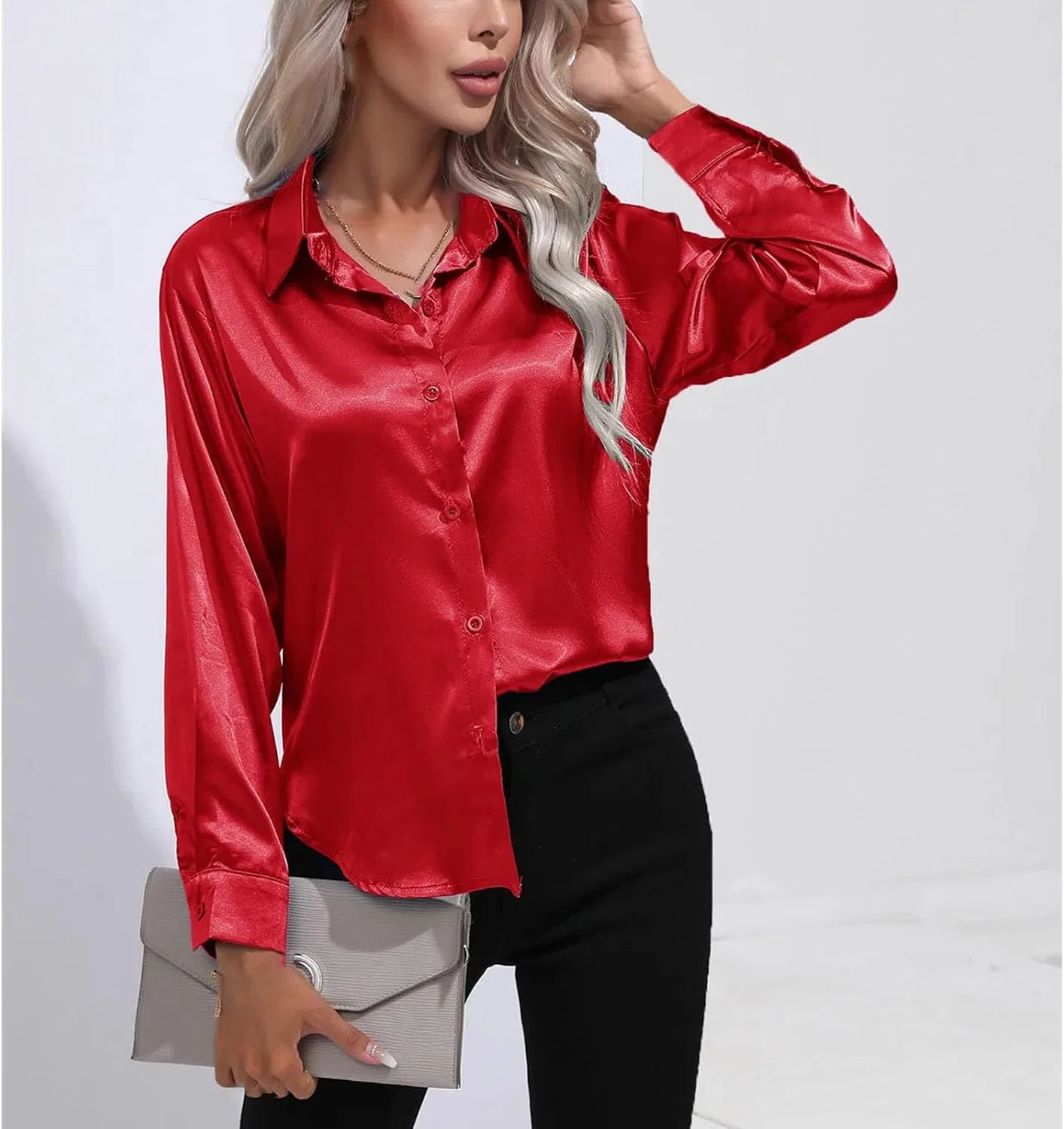Женская блузка из атласа с длинным рукавом, свободного кроя, Button-Down Shirts — фото 2