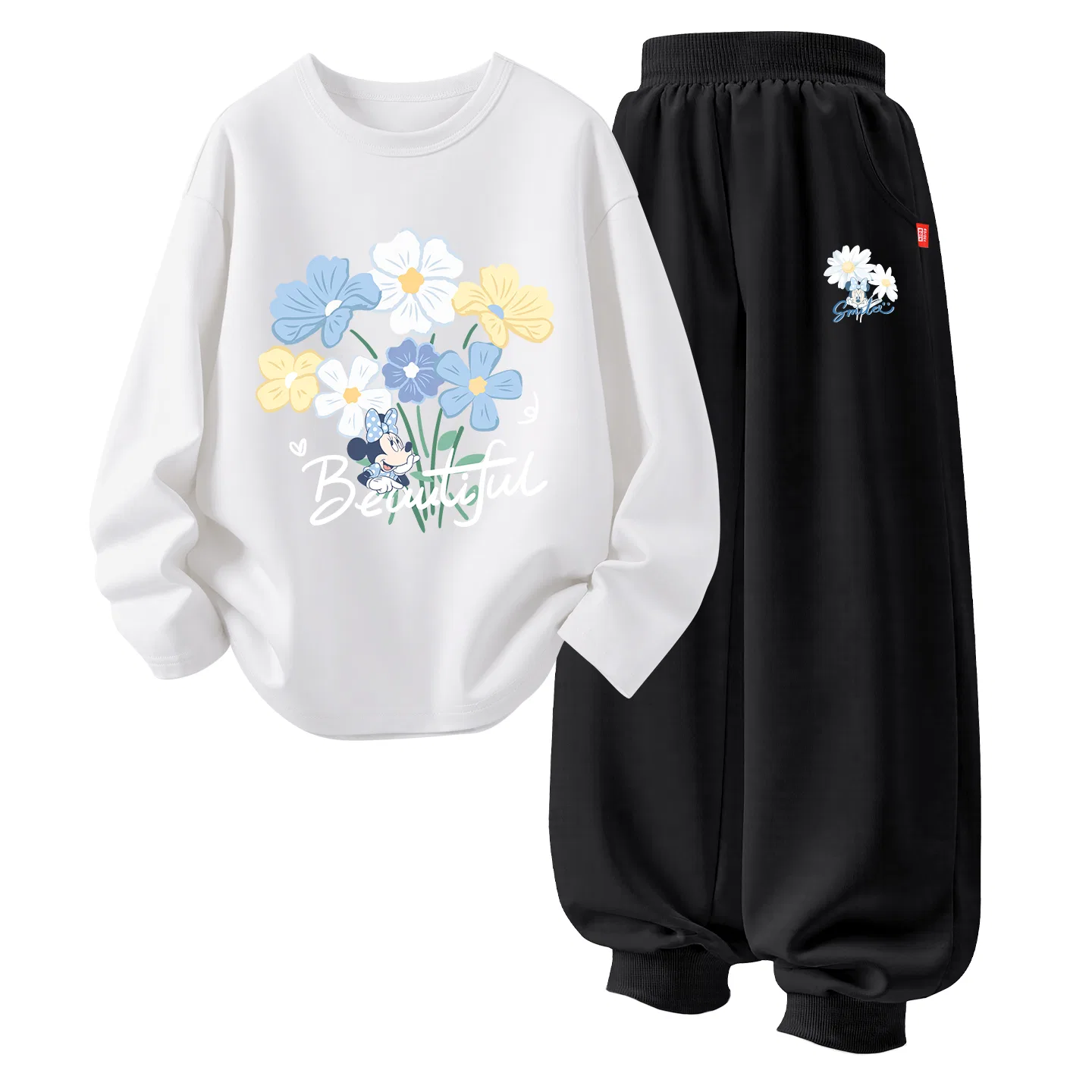 Детский комплект спортивной одежды из футера с принтом Daisy Floral Disney, Heather White+Daisy Floral in Black — фото 4