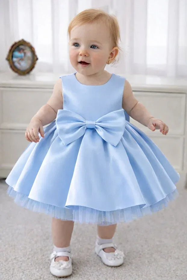 Детское платье для девочек без рукавов Baby Girl Baby Blue Bow Detailed Birthday Suneh, Baby Blue