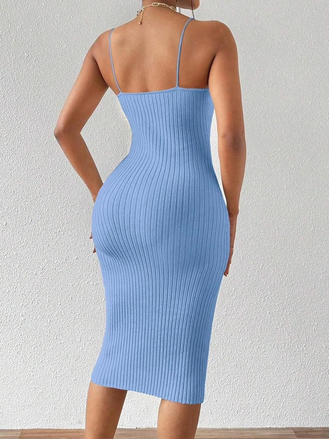 Женское облегающее платье миди с открытой спиной Rib-Knit, Blue — фото 2