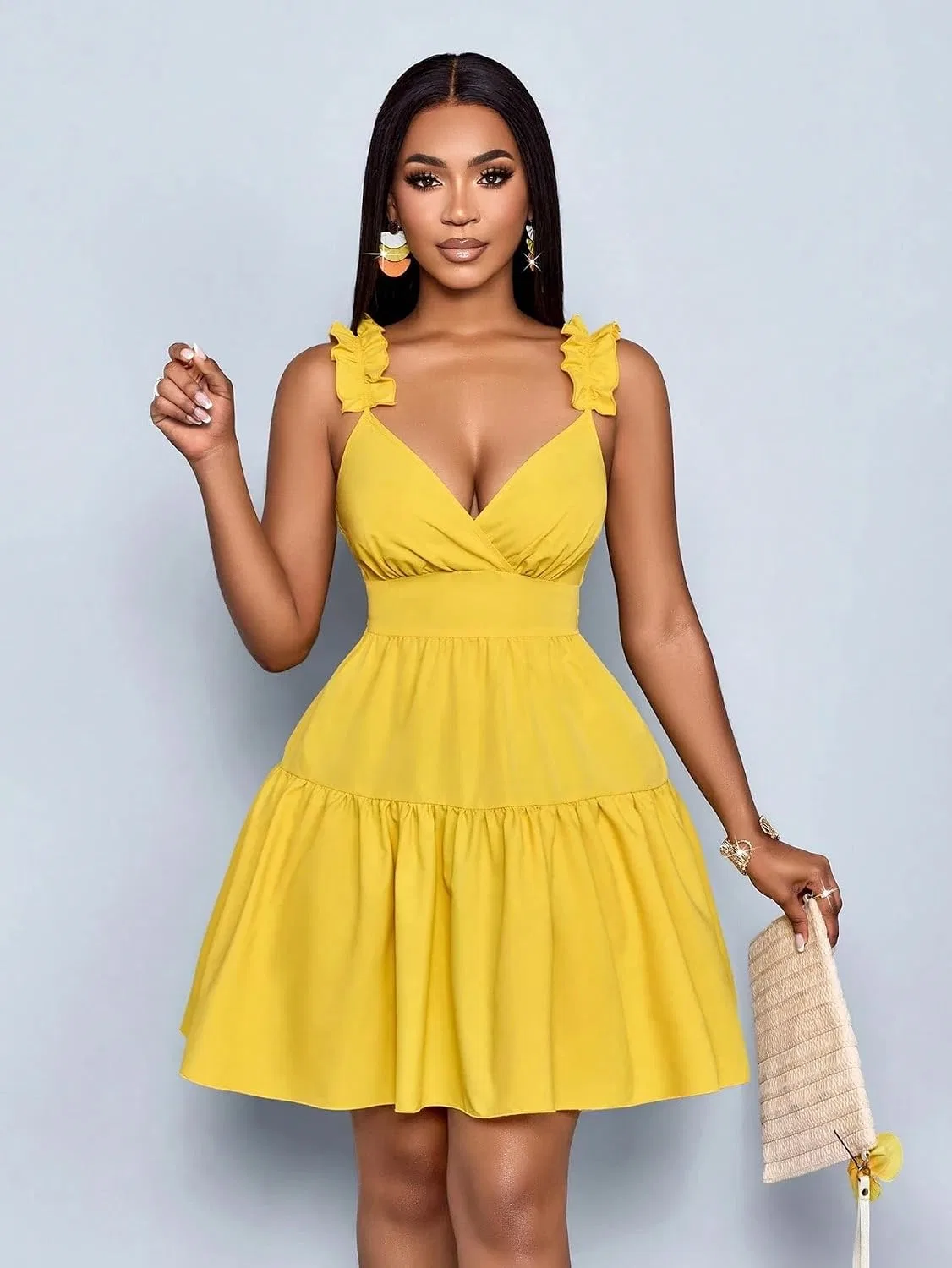 Женское повседневное платье мини без рукавов с рюшами, Yellow — фото 4