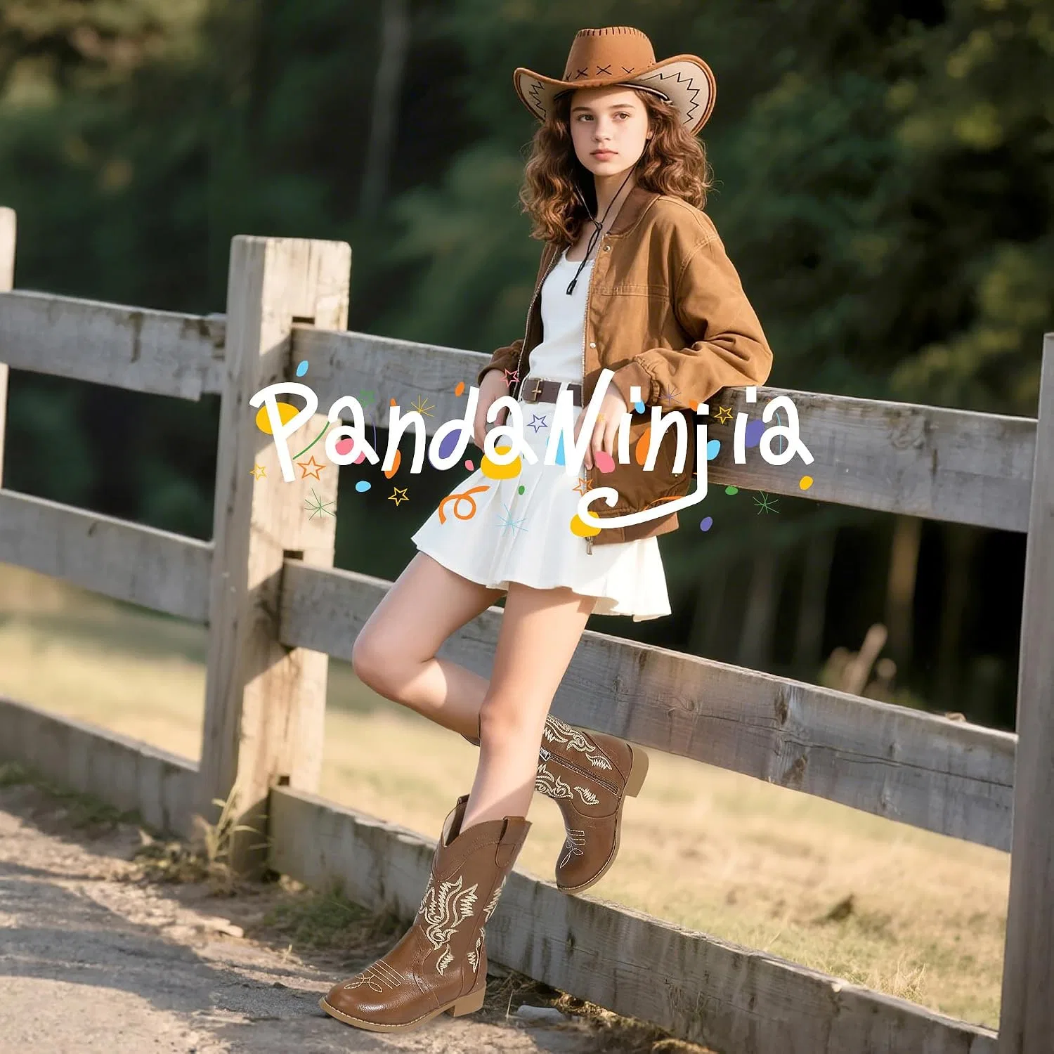 Детские сапоги для девочек с вышивкой Cowboy PANDANINJIA, Round Brown — фото 3