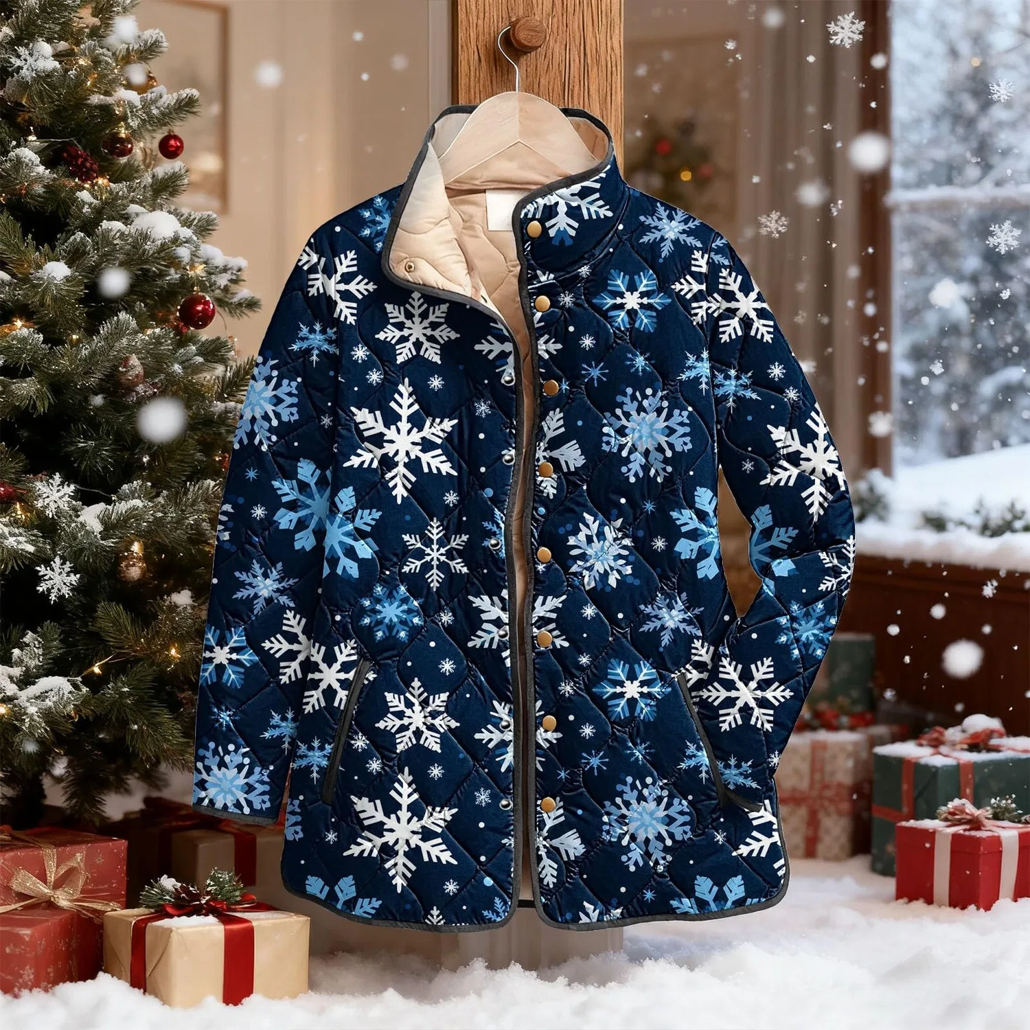 Женская куртка с рождественским принтом, B-light blue — фото 4