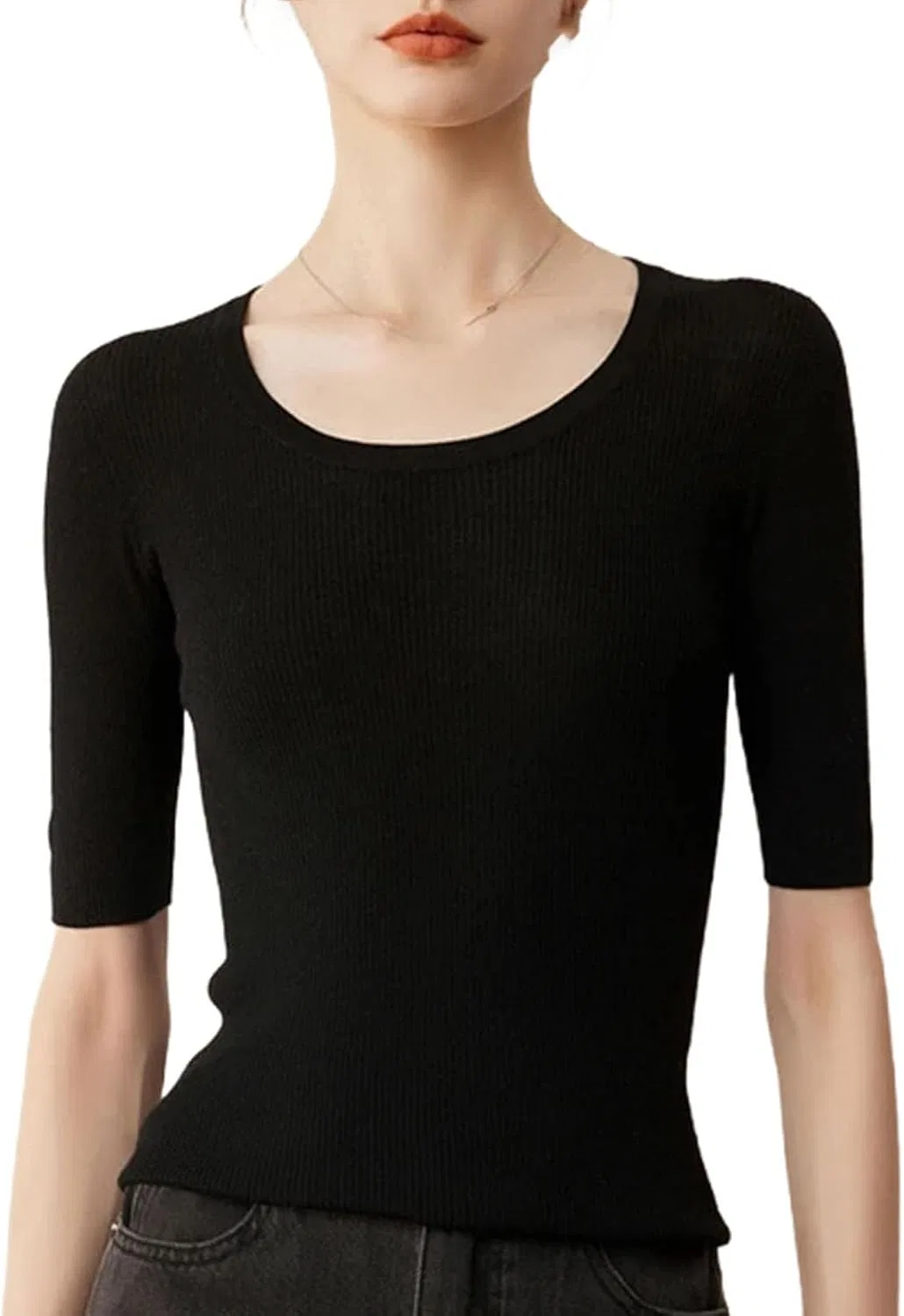 Женский пуловер с коротким рукавом, French Solid Knit, чёрный