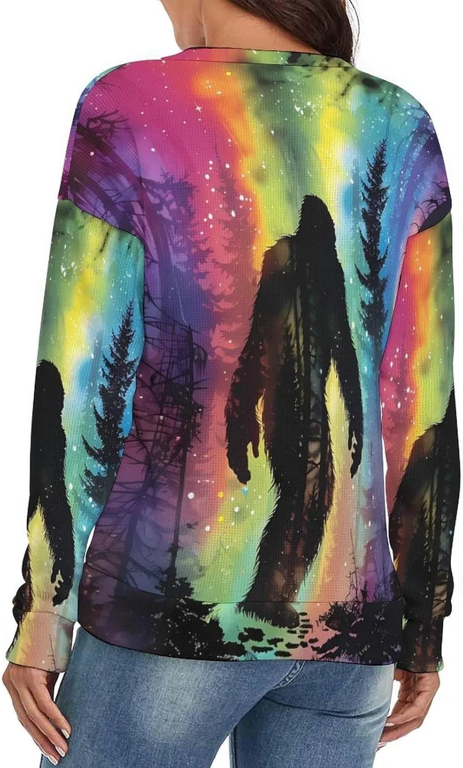 Женский свитер с V-образным вырезом с принтом, Bigfoot Colorful Psychedelic Forests Mist — фото 4