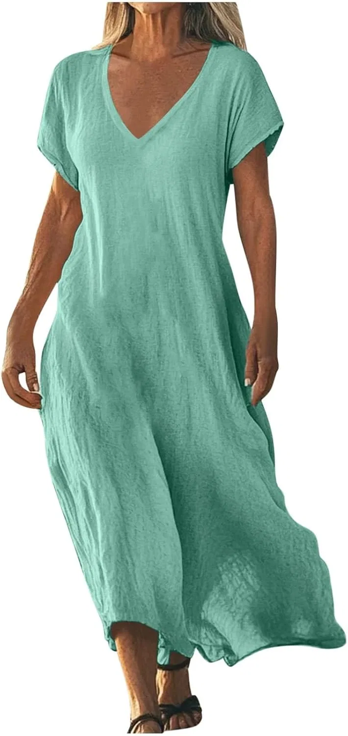 Женское летнее платье макси из льна с V-образным вырезом, Flowy Boho, Turquoise