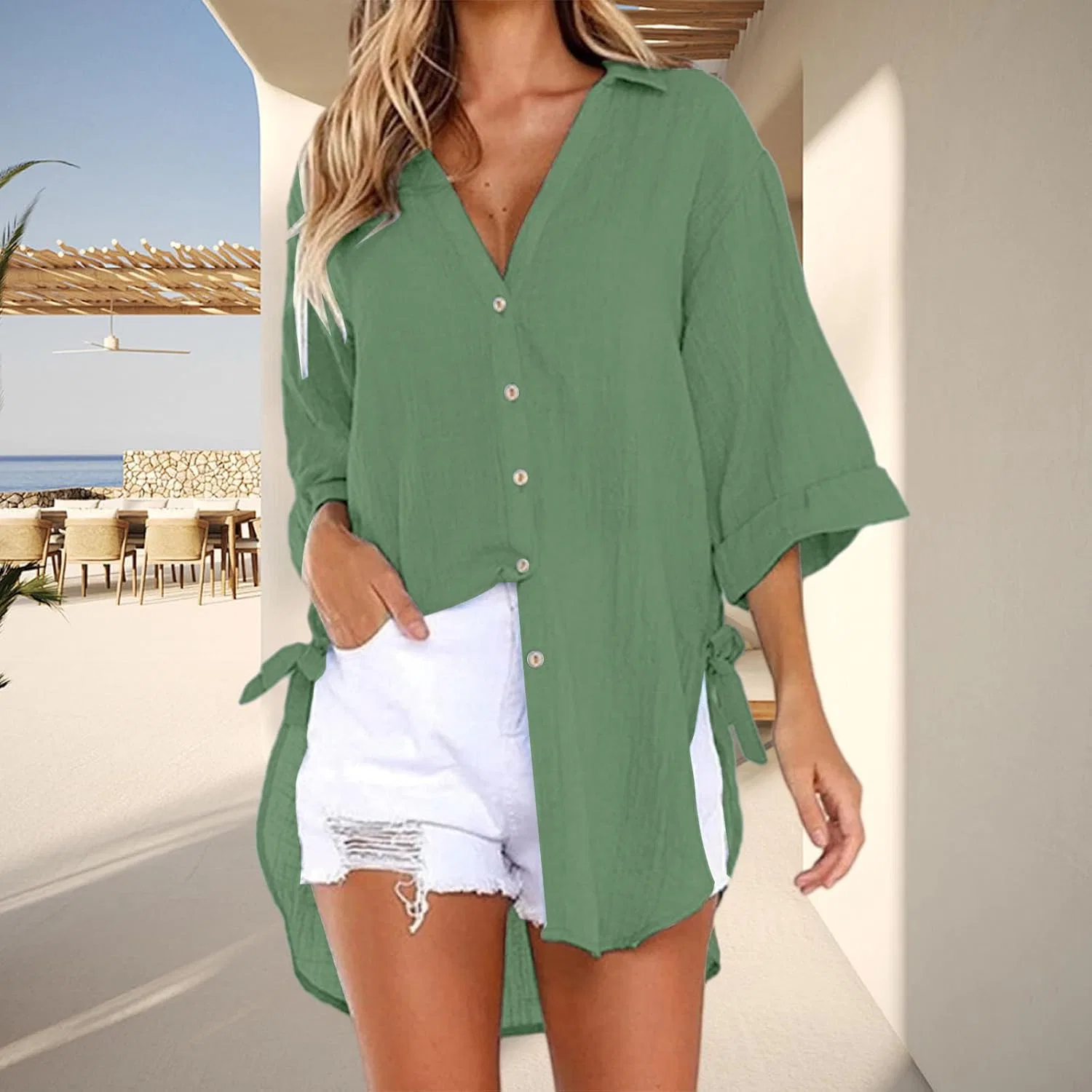 Женская свободная блуза с V-образным вырезом Oversized Beach Cover Up, Green — фото 2