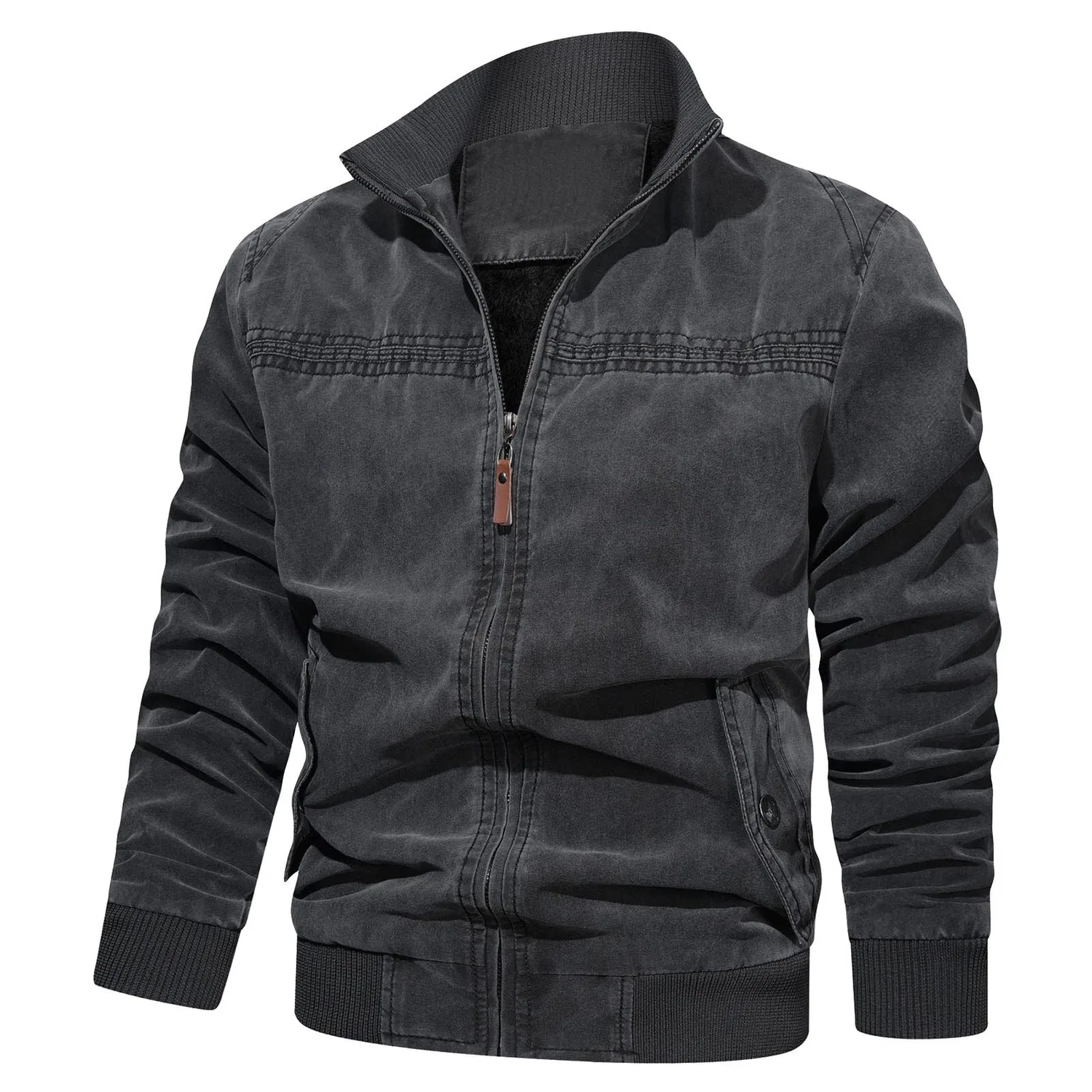 Мужская куртка из экокожи с воротником-стойкой Retro Winter Jacket, zzzz03-black
