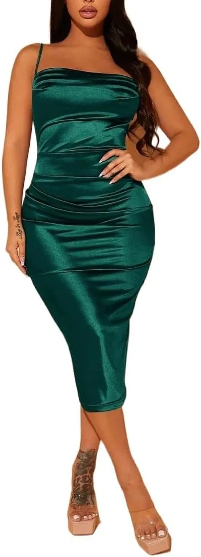 Женское сатиновое миди-платье на бретельках с разрезом, Dark Green
