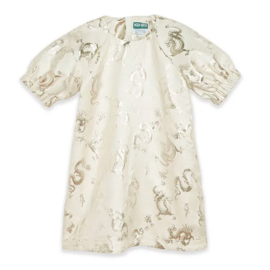Платье с принтом дракона, жаккардовое, с пышными рукавами Kenzo, White