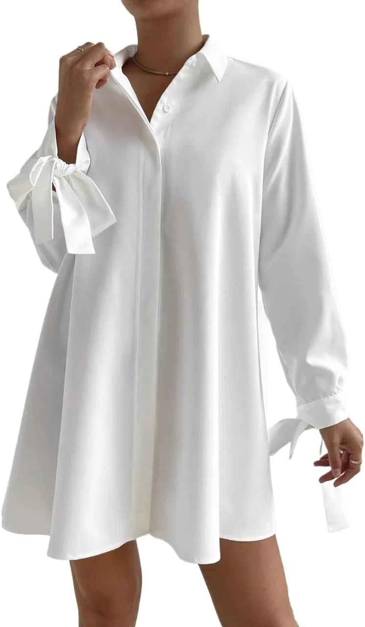 Женское мини-платье-рубашка с длинным рукавом Casual, White