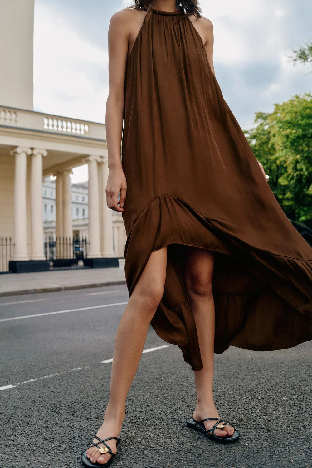 Асимметричное атласное платье миди ZARA, Brown — фото 3