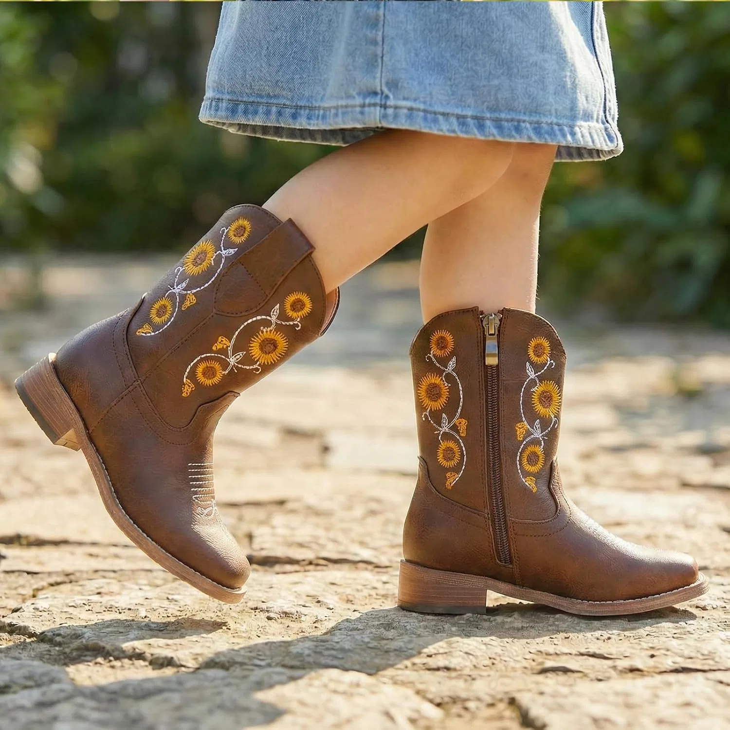 Детские сапоги для девочек с цветочной вышивкой Western Cowgirl Boots Bybmorto, Dark Brown — фото 2