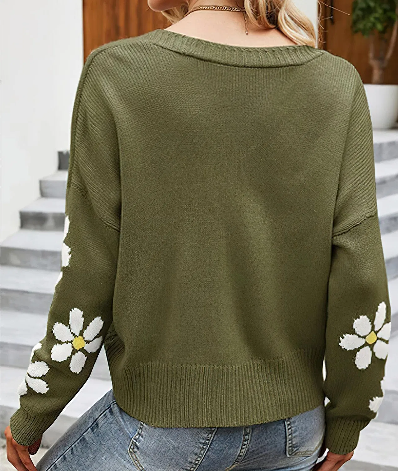 Женское вязаное пальто-кардиган с принтом Daisy Cute Cute Smiling Graphic, 02 Verde militare — фото 3