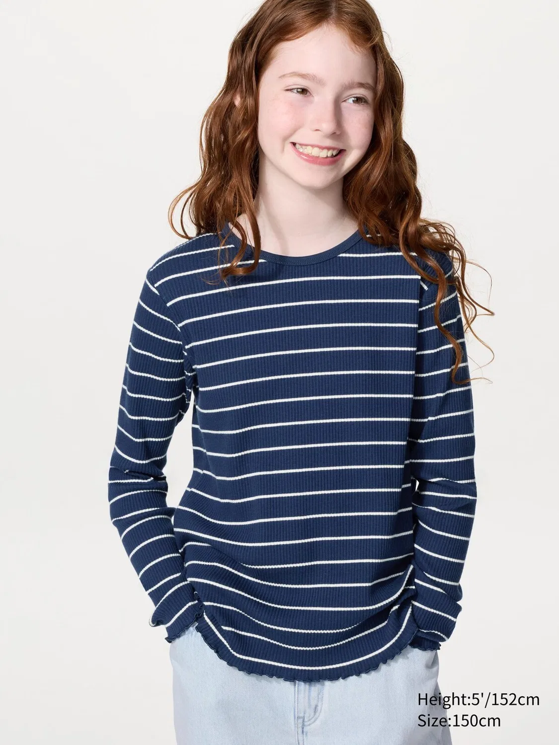 Футболка Uniqlo, детская, с круглым вырезом и длинным рукавом в полоску, темно-синий