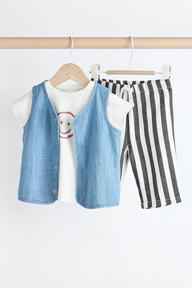 Детский комплект для новорожденных с принтом Algodon smile patterned short sleeve jeans vest - striped jogger pants 3 piece set Next Baby, Blue